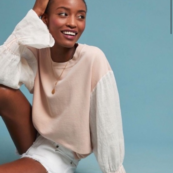 Stateside Sweaters - STATESIDE Pink Linen Puff Sleeve Pullover Small